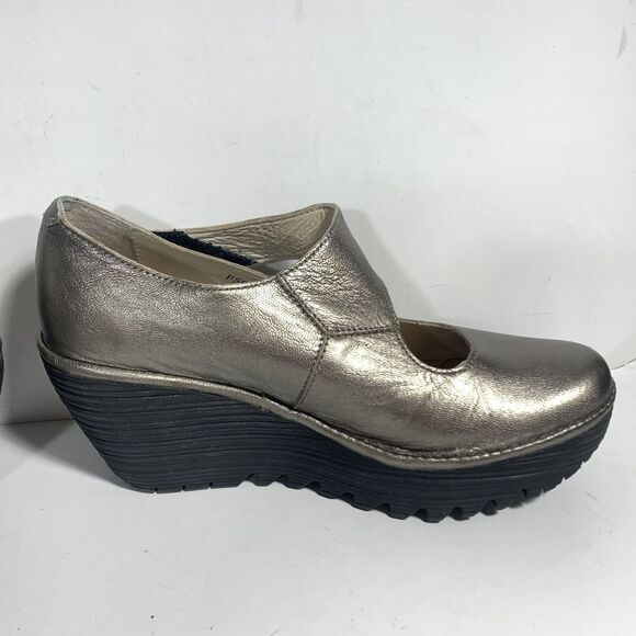 Fly London Yasi Metallic Bronze Leather Platform Wedge Shoes - EUR 37 W - Picture 7 of 16